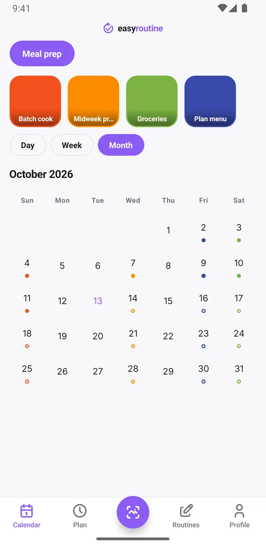 EasyRoutine month view of the Meal prep routine with colored dots on the days each prep step was logged, showing a regular weekly pattern with a few gaps