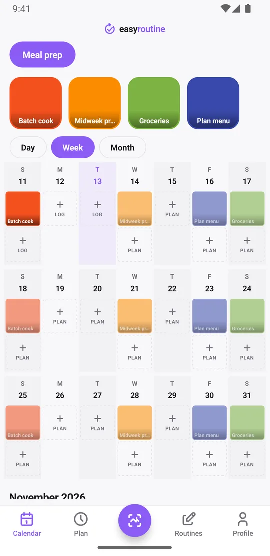 EasyRoutine week view of the Meal prep routine: plan menu on Friday, groceries on Saturday, batch cook on Sunday and midweek prep on Wednesday, with faded entries for sessions still planned