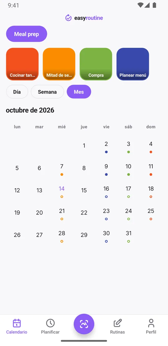 Vista mensual de EasyRoutine de la rutina Meal prep con puntos de colores en los días en que se registró cada paso, con un patrón semanal regular y algunos huecos
