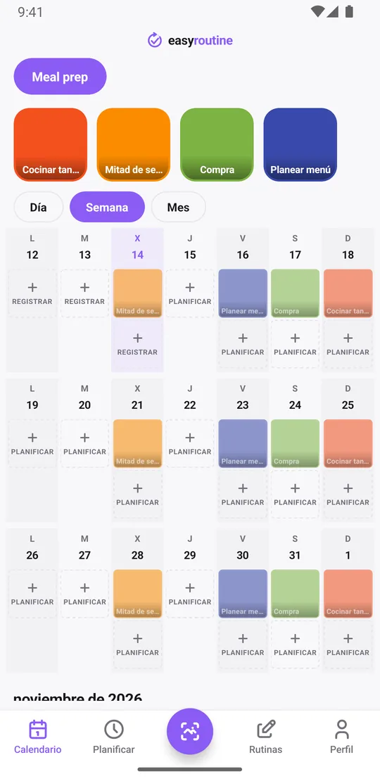 Vista semanal de EasyRoutine de la rutina Meal prep: planear menú el viernes, compra el sábado, cocinar tandas el domingo y refuerzo el miércoles, con entradas atenuadas para las sesiones aún planificadas