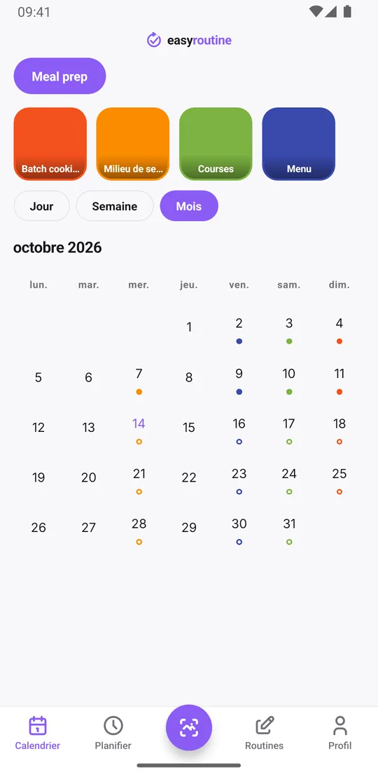 Vue mois d'EasyRoutine de la routine Meal prep avec des points colorés les jours où chaque étape a été enregistrée, formant un rythme hebdomadaire régulier avec quelques trous