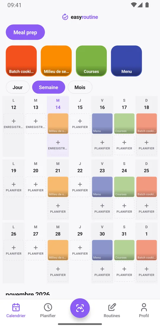 Vue semaine d'EasyRoutine de la routine Meal prep : menu le vendredi, courses le samedi, batch cooking le dimanche et complément le mercredi, avec en transparence les séances encore prévues