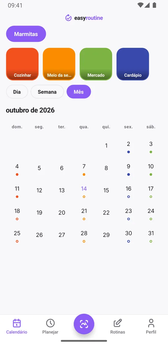 Visão mensal do EasyRoutine da rotina Marmitas com pontos coloridos nos dias em que cada etapa foi registrada, num padrão semanal regular com alguns buracos
