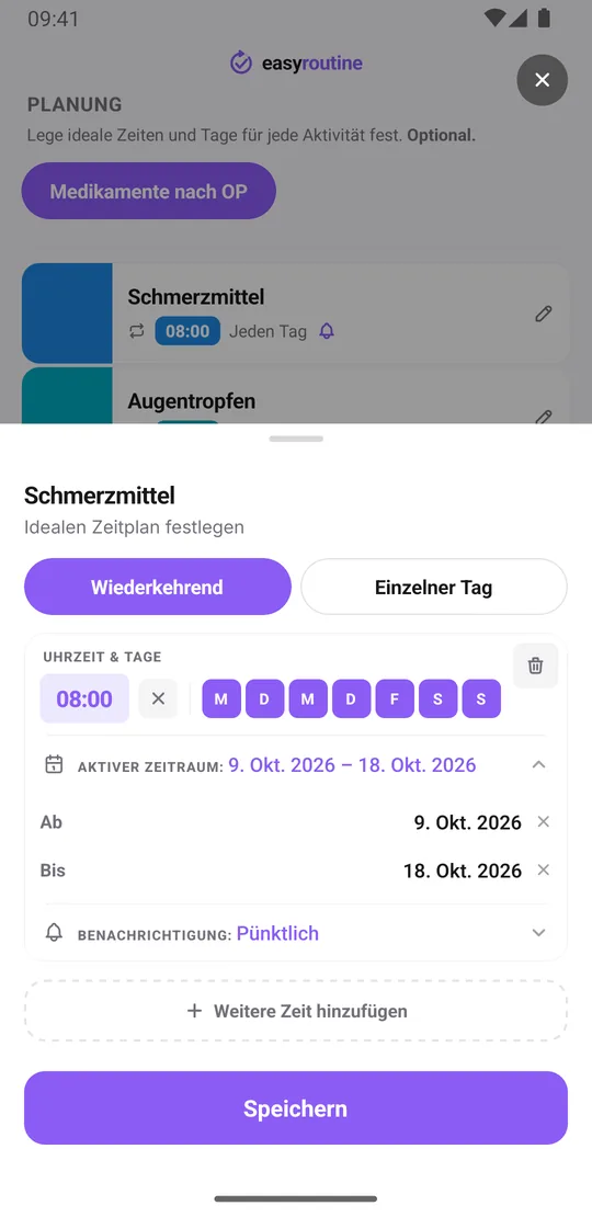 Zeitplan-Fenster für Schmerzmittel in EasyRoutine, Reiter Wiederkehrend: 08:00 an allen sieben Tagen, ein aktiver Zeitraum von zehn Tagen und die Benachrichtigung auf Pünktlich