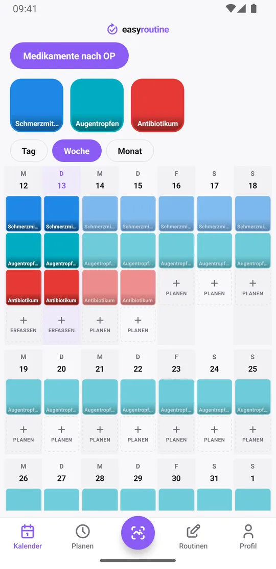 Wochenansicht der Routine Medikamente nach OP in EasyRoutine mit farbigen Kacheln für erfasste Dosen und blassen Einträgen für geplante, noch nicht erfasste Dosen