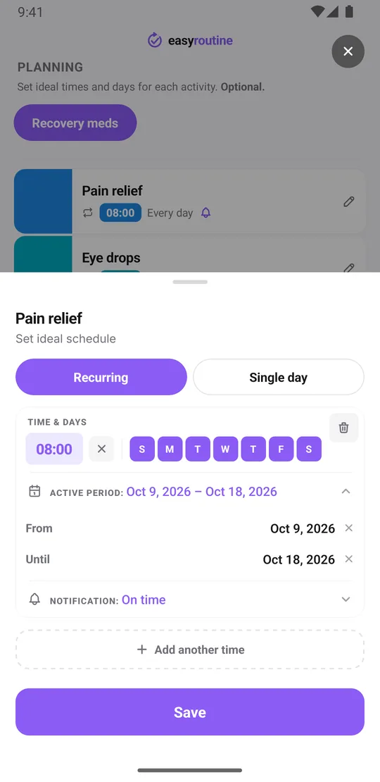 EasyRoutine schedule sheet for Pain relief on the Recurring tab: 08:00 on all seven days, an active period of ten days, and the notification set to on time