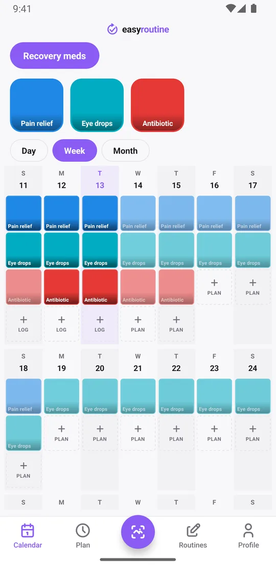 EasyRoutine week view of the Recovery meds routine with colored tiles for logged doses and faded entries for doses that are planned but not logged