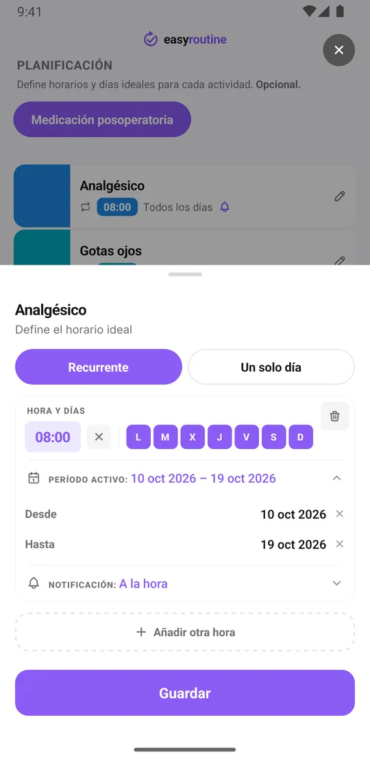 Hoja de horario de Analgésico en EasyRoutine, pestaña Recurrente: 08:00 los siete días, un período activo de diez días y la notificación en A la hora