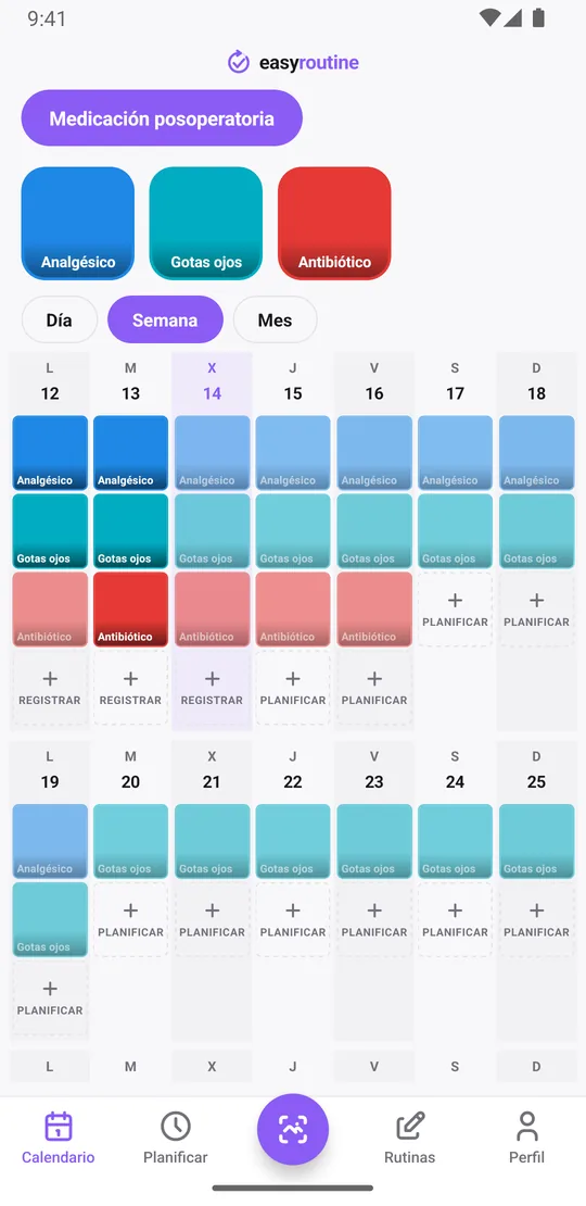 Vista semanal de la rutina Medicación posoperatoria en EasyRoutine con casillas de color para las tomas registradas y entradas atenuadas para las tomas planificadas sin registrar
