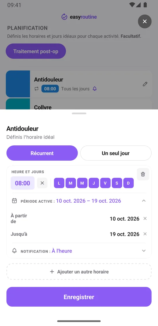 Fiche de planification d'Antidouleur dans EasyRoutine, onglet Récurrent : 08:00 les sept jours, une période active de dix jours et la notification réglée sur À l'heure