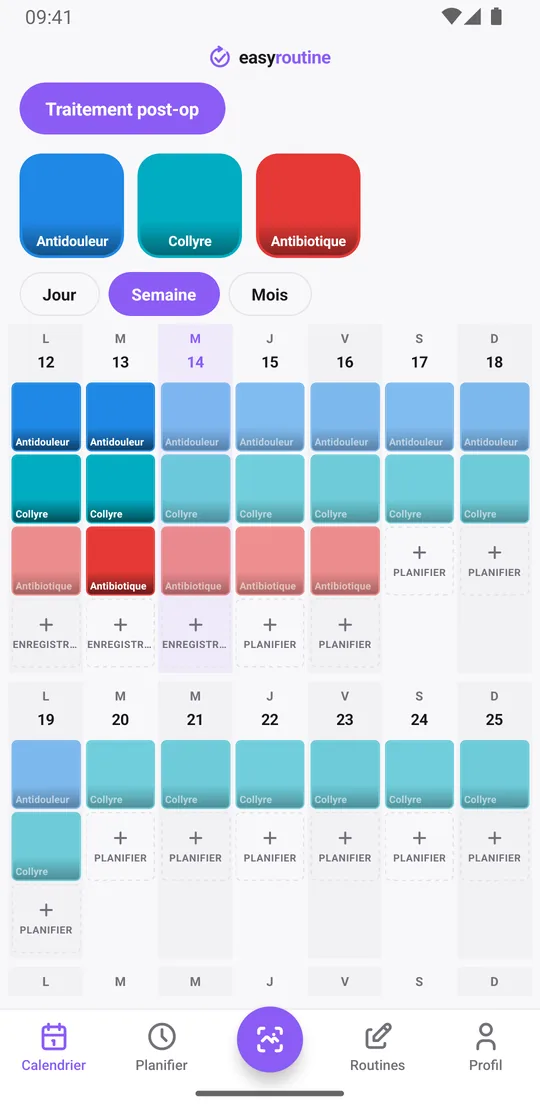 Vue semaine de la routine Traitement post-op dans EasyRoutine avec des tuiles colorées pour les prises enregistrées et des entrées estompées pour les prises prévues mais pas encore enregistrées