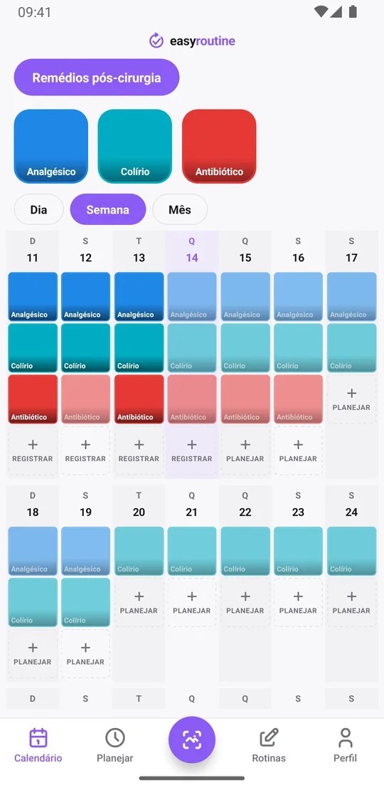 Visão semanal da rotina Remédios pós-cirurgia no EasyRoutine com quadradinhos coloridos para doses registradas e entradas esmaecidas para doses planejadas ainda não registradas