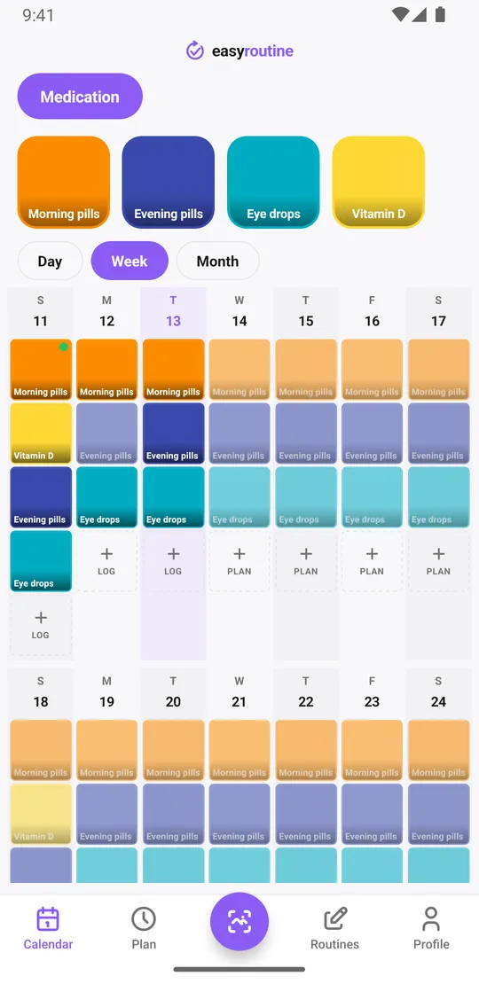 EasyRoutine week view of a Medication routine with colored tiles for logged doses and faded entries for scheduled doses not yet logged