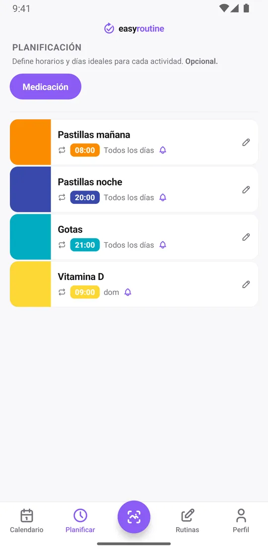 Pestaña Planificar de EasyRoutine para una rutina Medicación: pastillas de la mañana, pastillas de la noche y gotas todos los días a horas fijas, vitamina D el domingo, cada una con la campana de aviso a la hora