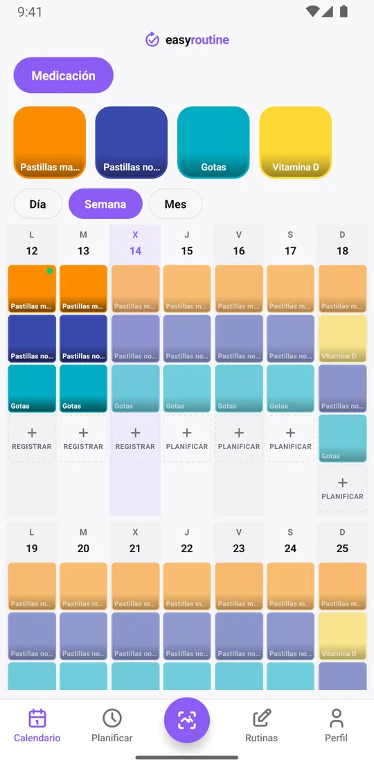 Vista semanal de EasyRoutine de una rutina Medicación con mosaicos de color para las tomas registradas y entradas atenuadas para las planificadas aún sin registrar