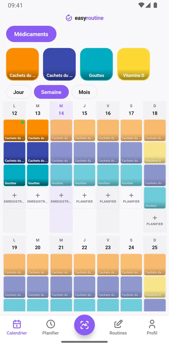 Vue semaine d'EasyRoutine d'une routine Médicaments avec des tuiles colorées pour les prises enregistrées et des entrées pâles pour les prises prévues pas encore notées