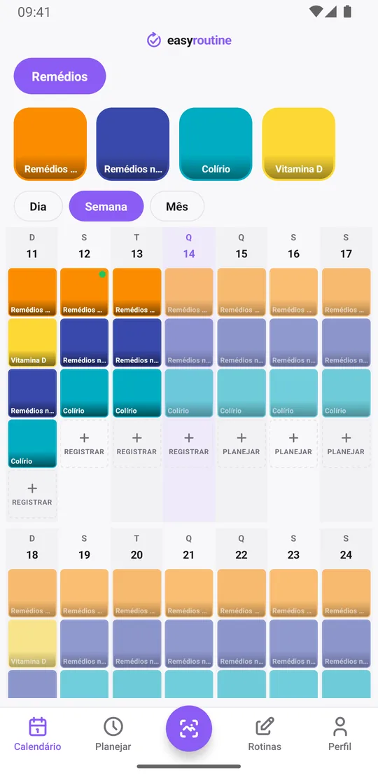 Visão semanal do EasyRoutine de uma rotina Remédios com blocos coloridos para as doses registradas e entradas esmaecidas para as doses planejadas ainda não registradas