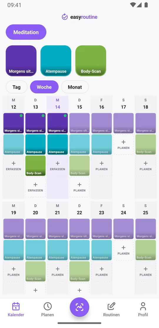 EasyRoutine Wochenansicht einer Routine Meditation mit erfasstem Morgens sitzen an den meisten Tagen, Atempausen an Werktagen und abendlichen Body-Scans