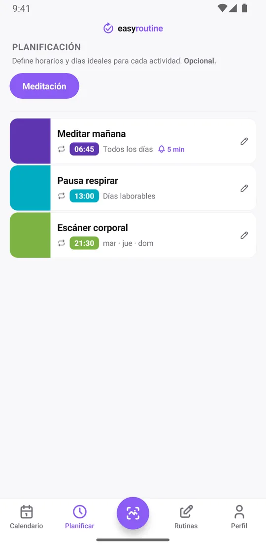 Pestaña Planificar de EasyRoutine con las actividades de meditación, sus días y horas, y una campana de recordatorio en la meditación de la mañana