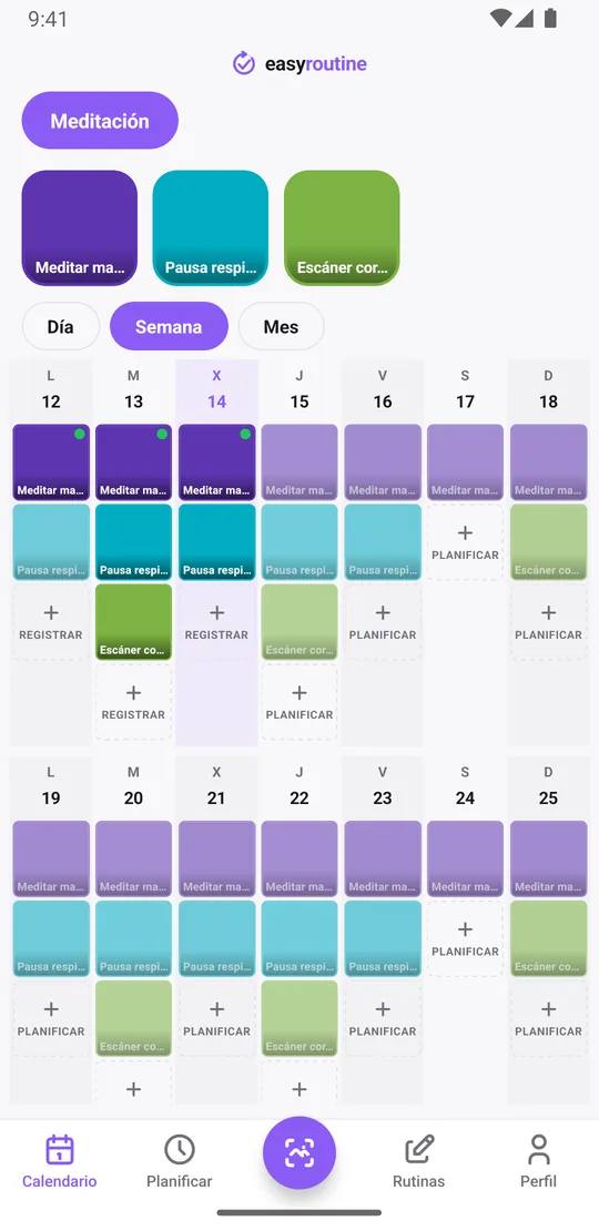 Vista Semana de EasyRoutine de una rutina Meditación con sesiones de mañana registradas casi todos los días, pausas para respirar entre semana y escáneres corporales por la noche