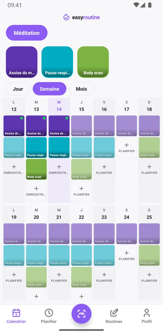Vue Semaine d'EasyRoutine d'une routine Méditation avec l'assise du matin enregistrée la plupart des jours, des pauses respiration en semaine et des body scans le soir