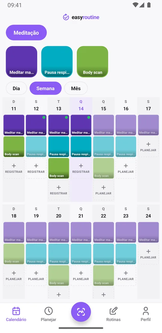 Visualização Semana do EasyRoutine com uma rotina Meditação, sessões da manhã registradas na maioria dos dias, pausas para respirar nos dias úteis e body scans à noite