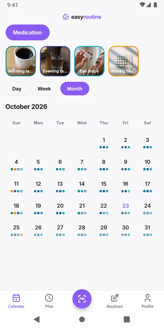 EasyRoutine month view of the Medication routine with colored dots for logged doses on most days and faded dots on the few past days where a planned dose was not logged