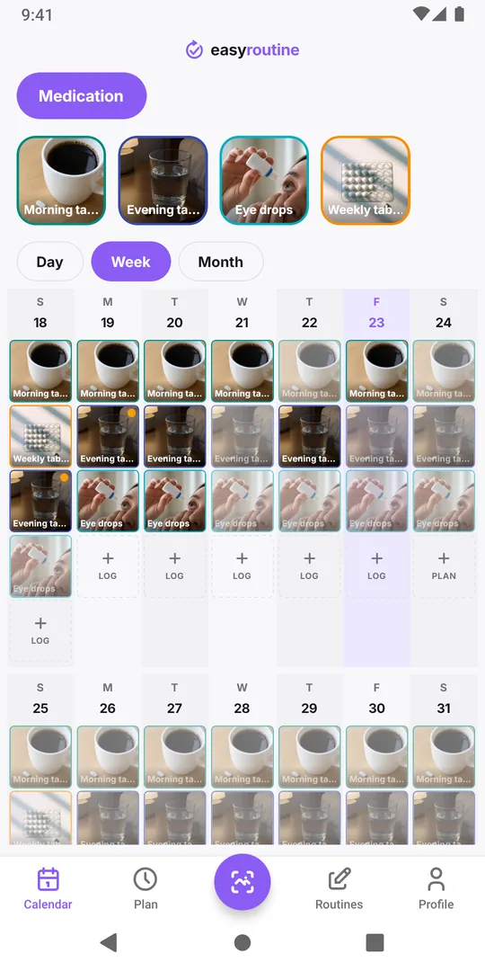 EasyRoutine week view of a Medication routine: morning and evening tablets logged as solid colored entries on most days, with a faded evening entry on one past day where that dose was not logged