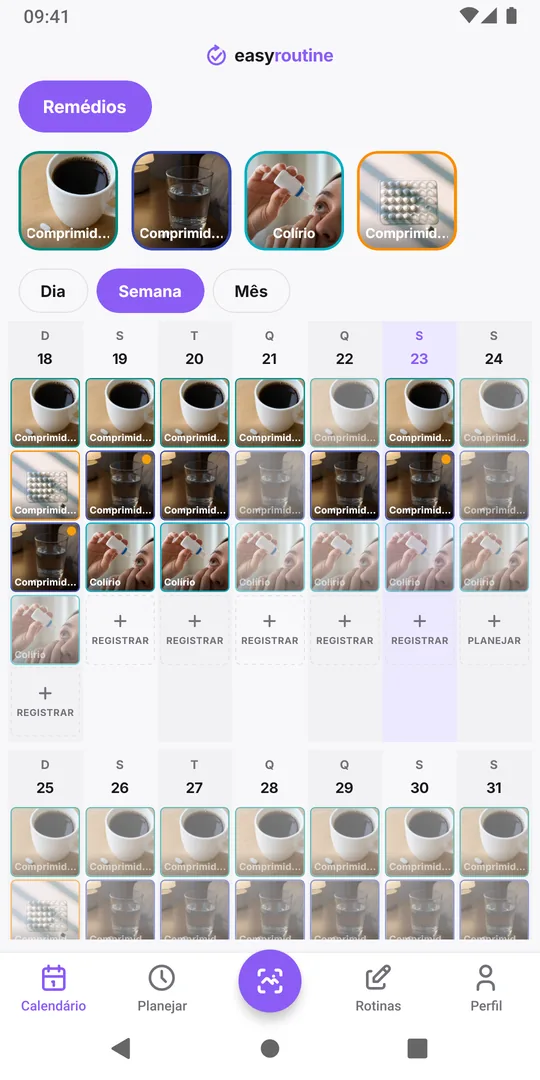 Visualização de semana do EasyRoutine de uma rotina Remédios: comprimidos da manhã e da noite registrados como entradas coloridas cheias na maioria dos dias, com uma entrada da noite apagada num dia passado em que essa dose não foi registrada
