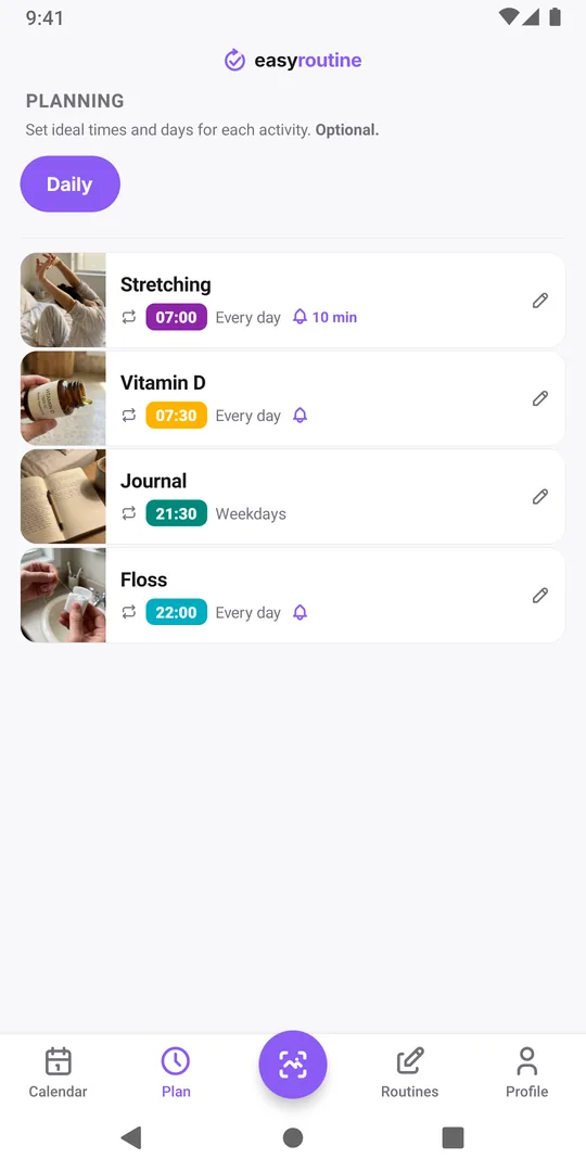 EasyRoutine Plan tab for a Daily routine: stretching every day at 7:00 and vitamin D every day at 7:30 with reminder bells, journal on weekdays at 21:30 without a reminder, and floss every day at 22:00 with a reminder bell