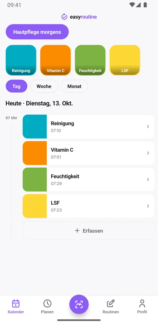 EasyRoutine Tagesansicht der Routine Hautpflege morgens mit Einträgen für Reinigung, Vitamin C, Feuchtigkeit und LSF am Morgen