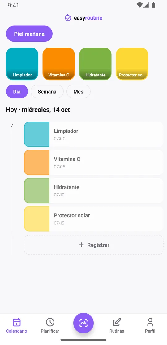 Vista diaria de EasyRoutine de una rutina Piel mañana con entradas para limpiador, vitamina C, hidratante y protector solar por la mañana