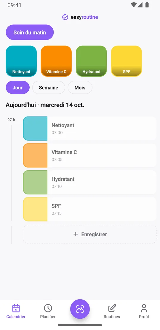 Vue jour d'EasyRoutine d'une routine Soin du matin avec des entrées pour nettoyant, vitamine C, hydratant et SPF le matin