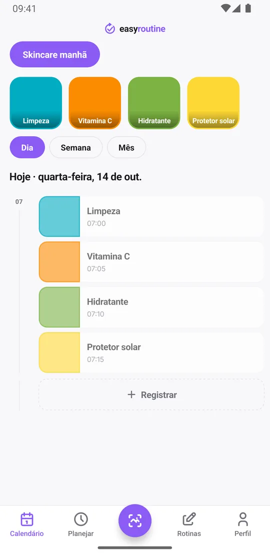 Visão diária do EasyRoutine de uma rotina Skincare manhã com entradas para limpeza, vitamina C, hidratante e protetor solar de manhã