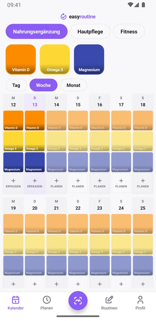 EasyRoutine-Wochenansicht einer Routine Nahrungsergänzung mit farbigen Kacheln für Vitamin D, Omega 3 und Magnesium, oben die Namen der anderen Routinen
