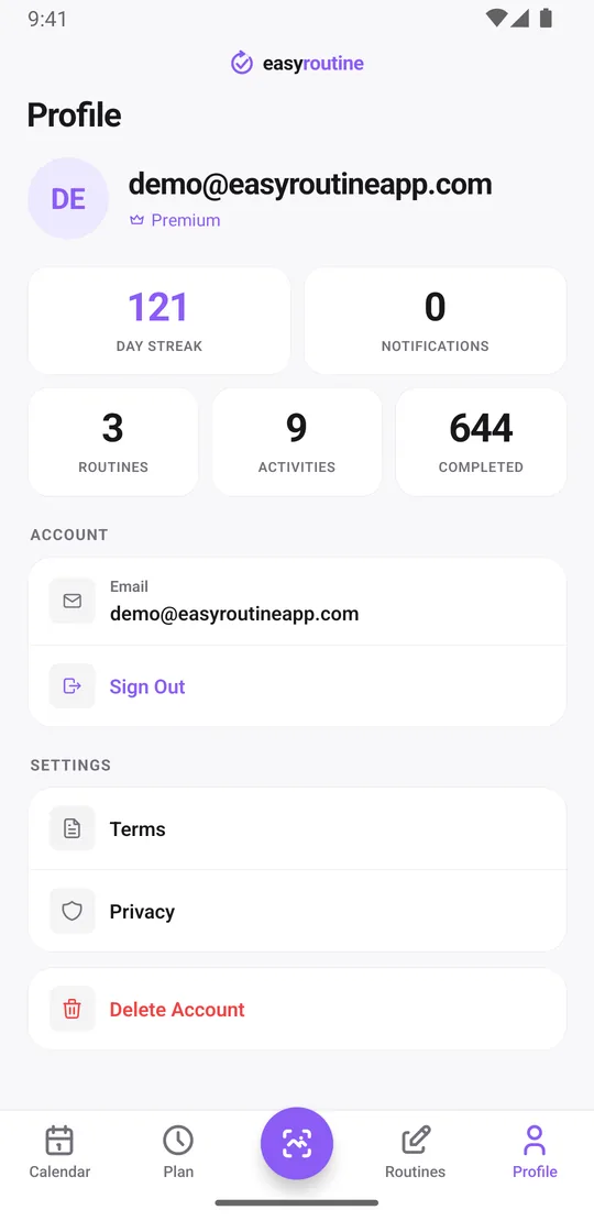 EasyRoutine Profile tab with tiles for day streak, notifications, routines, activities and completed logs counted across all routines