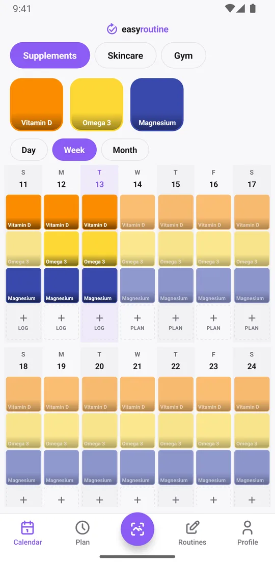 EasyRoutine week view of a Supplements routine with colored tiles for vitamin D, omega 3 and magnesium, with the other routines' names at the top