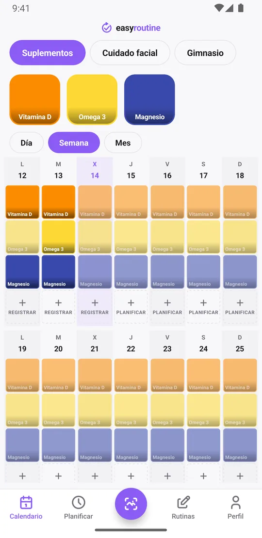 Vista Semana de EasyRoutine de una rutina Suplementos con recuadros de colores para vitamina D, omega 3 y magnesio, y los nombres de las otras rutinas arriba