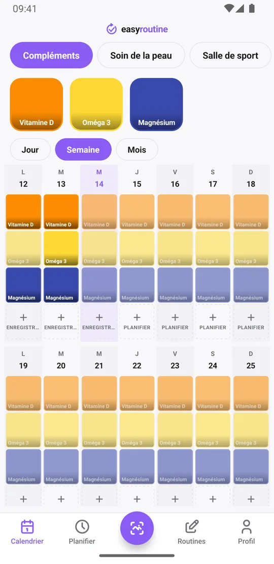 Vue Semaine d'EasyRoutine d'une routine Compléments avec des tuiles colorées pour la vitamine D, l'oméga 3 et le magnésium, et les noms des autres routines en haut
