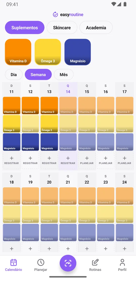 Visualização Semana do EasyRoutine de uma rotina Suplementos com blocos coloridos para vitamina D, ômega 3 e magnésio, e os nomes das outras rotinas no topo