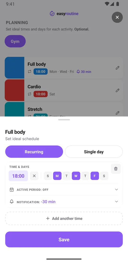 EasyRoutine schedule sheet for Full body with a recurring slot on Monday, Wednesday and Friday at 18:00 and a reminder 30 minutes before