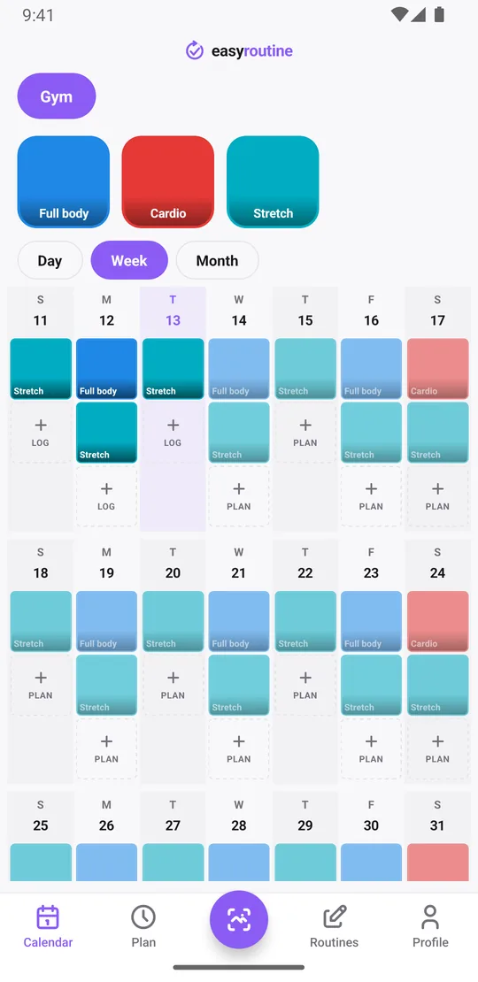 EasyRoutine week view of a Gym routine with tiles for full body sessions on Monday, Wednesday and Friday, cardio on Saturday and stretching on most evenings