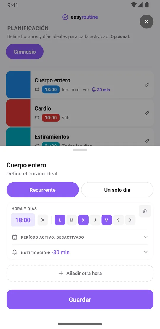Ficha de horario de EasyRoutine para Cuerpo entero con un horario recurrente lunes, miércoles y viernes a las 18:00 y un aviso 30 minutos antes