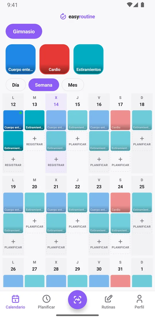 Vista semanal de EasyRoutine de la rutina Gimnasio con mosaicos de cuerpo entero lunes, miércoles y viernes, cardio el sábado y estiramientos casi todas las noches