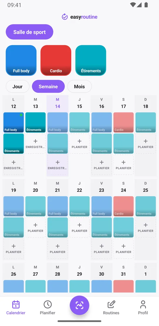 Vue semaine d'EasyRoutine de la routine Salle de sport avec des tuiles pour le full body le lundi, le mercredi et le vendredi, le cardio le samedi et les étirements la plupart des soirs