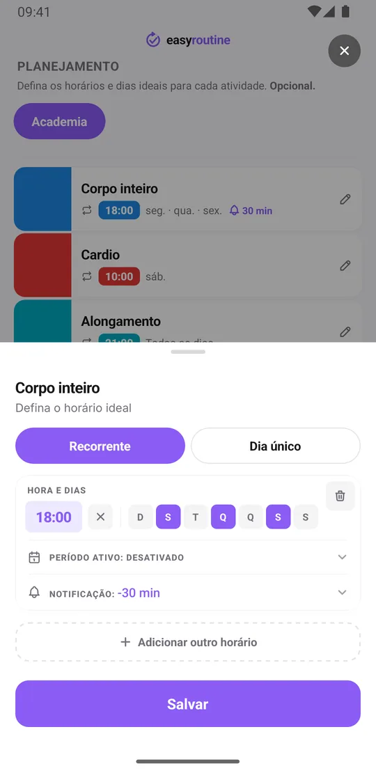 Ficha de horário do EasyRoutine para Corpo inteiro com um horário recorrente na segunda, quarta e sexta às 18:00 e um lembrete 30 minutos antes
