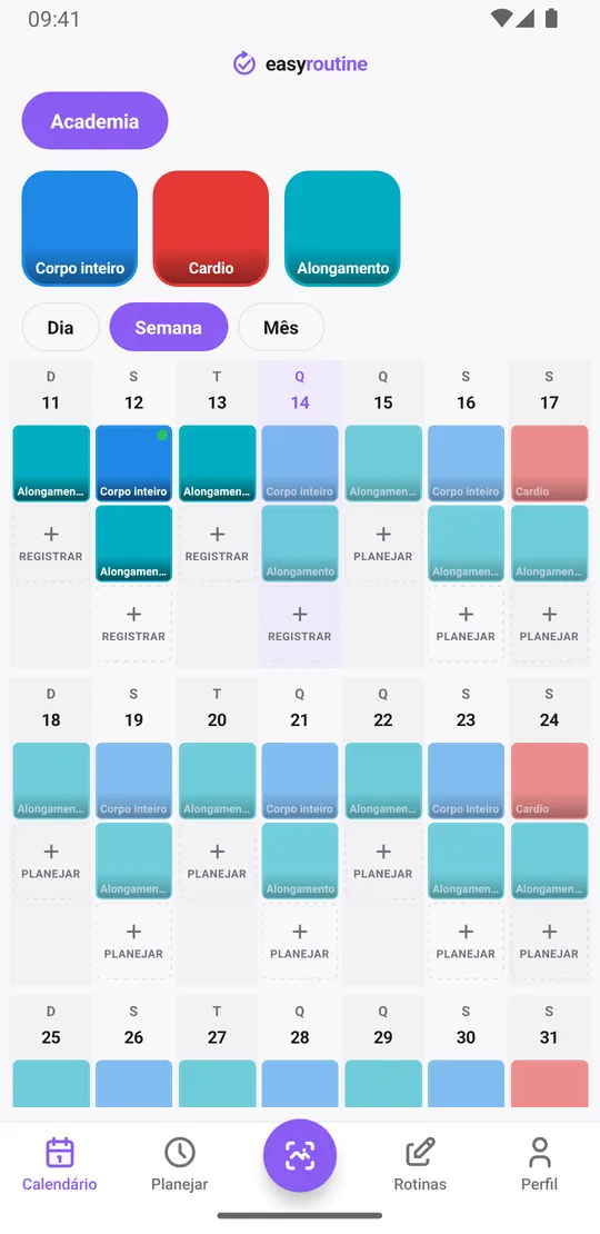 Visão semanal do EasyRoutine da rotina Academia com blocos de corpo inteiro na segunda, quarta e sexta, cardio no sábado e alongamento na maioria das noites