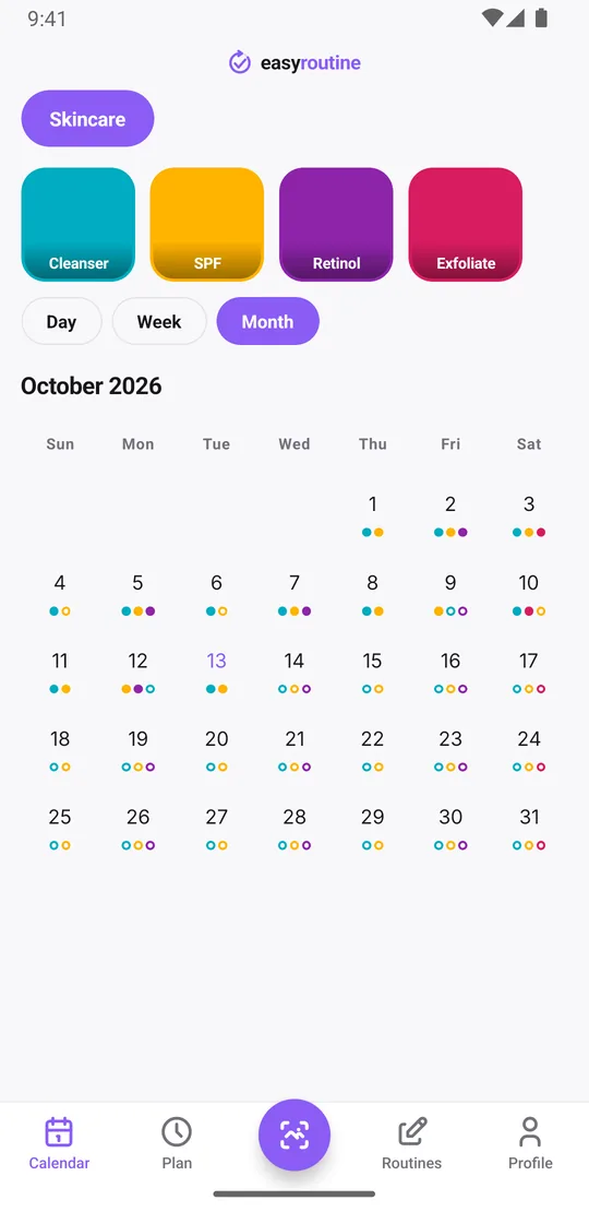 EasyRoutine month view of a Skincare routine with colored dots on each logged day