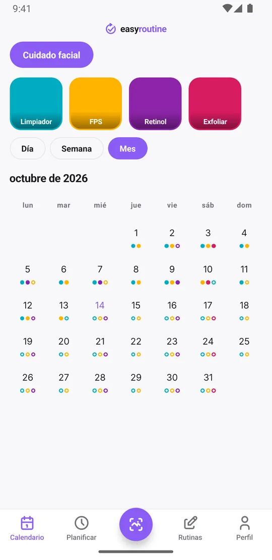 Vista mensual de EasyRoutine de la rutina Cuidado facial con puntos de colores en cada día registrado