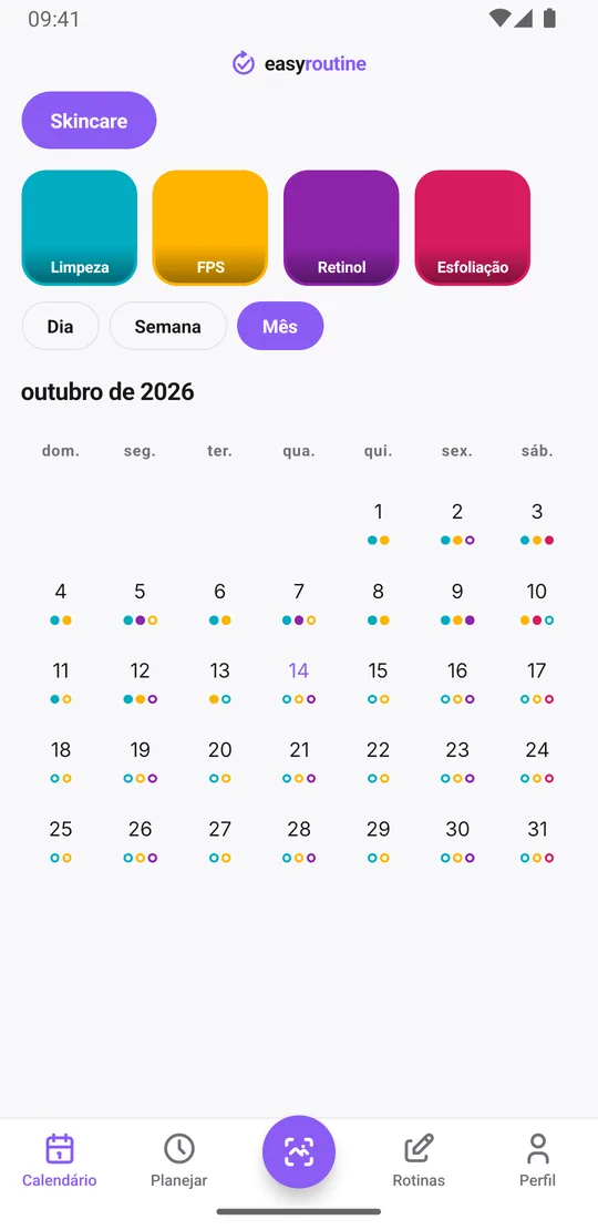 Visão mensal do EasyRoutine da rotina Skincare com pontos coloridos em cada dia registrado